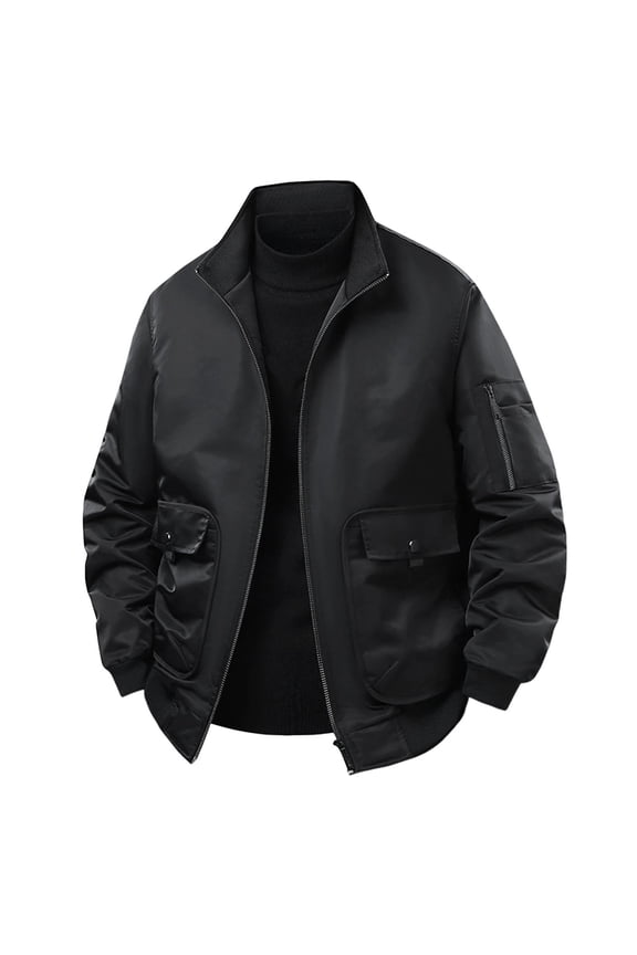 Men's Big and Tall Bomber Jacket Casual Fall Winter Military Puffer Jacket Regular Fit Lapel Padded Coats Outwear Black