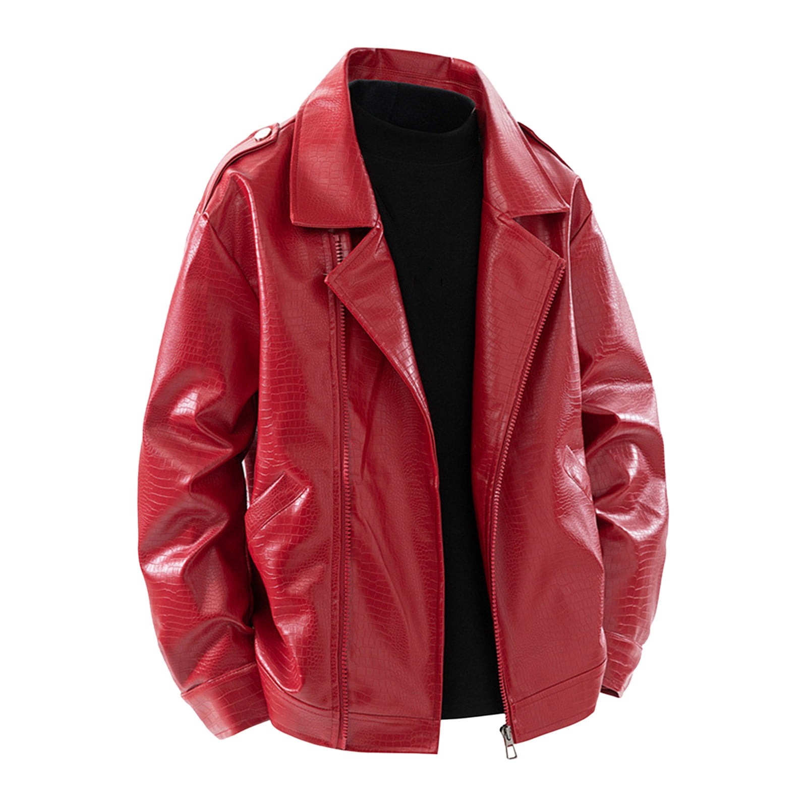 YFNNUP Men's Big and Tall Faux Leather Jacket Trendy Motorcycle Jackets Waterproof Windproof PU Moto Jackets Vintage Bomber Coat Red