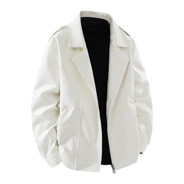 YFNNUP Men's Big and Tall Faux Leather Jacket Trendy Motorcycle Jackets Waterproof Windproof PU Moto Jackets Vintage Bomber Coat White