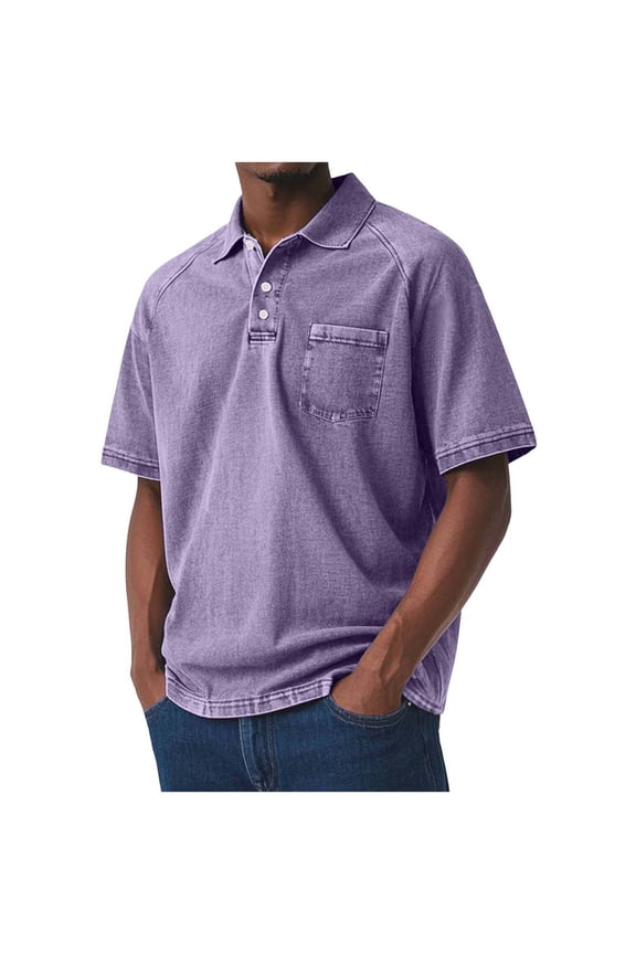 Men's Big and Tall Shirts Short Sleeve Distressed Washed T-Shirt Button Lapel Casual Tops with Pocket