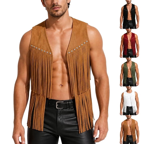 YFNNUP Men's Casual Suede Top Shirt Western Cowboy 70s Hippie Fringe Trim Open Front Cardigan Tassels Sleeveless Vest Jacket Waistcoat Red,XXL
