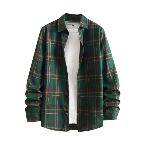 YFNNUP Men's Cotton Linen Plaid Shirts Long Sleeve Button Down Shirts Turndown Collar Pocket Work Shirts Loose Hiking Coat