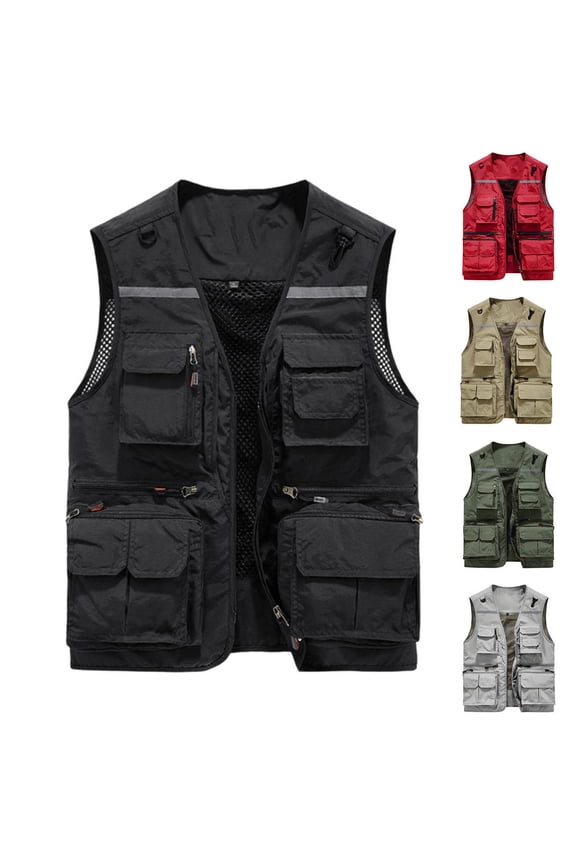 Men's Fishing Vest Utility Safari Travel Vest with Pockets Outdoor Work Photo Cargo Fly Summer Vest Jacket Red,XL