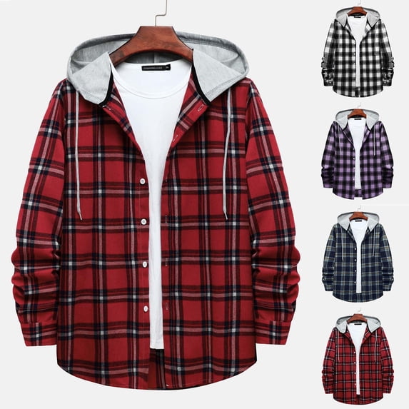 YFNNUP Men's Flannel Hoodie Shirts Casual Button Down Plaid Shirt Jackets for Men Long Sleeve Srawstring Hooded Coat Gray XL