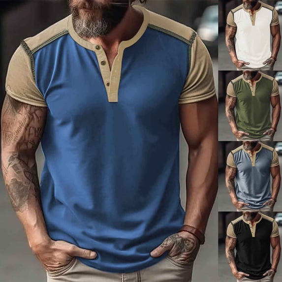 YFNNUP Men's Henley Shirts Muscle Classic Button Cotton Top Color Block Slim Fit Short Sleeve T-Shirt Summer Basic Stretchy Tees Tops Black M