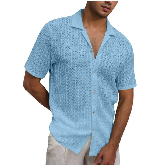 YFNNUP Men's Knit Hollow Out Shirt Casual Summer Vacation Crochet Textured Button Down Beach Shirts Short Sleeve Shirts for Men