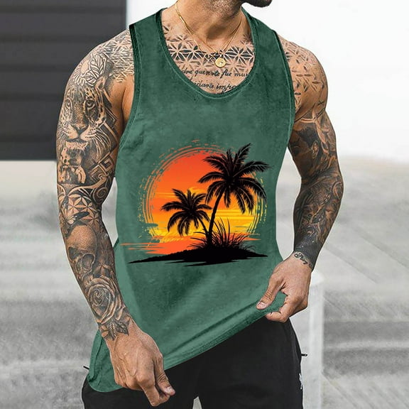 YFNNUP Men's Letter Striped Tank Top Round Neck Casual Workout Summer Tank Top Sleeveless Shirts