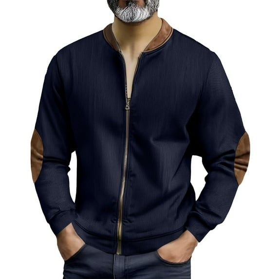 YFNNUP Men's Lightweight Corduroy Bomber Jacket Casual Zipper Long Sleeve Patchwork Coat Regular Fit Solid-Color Jackets