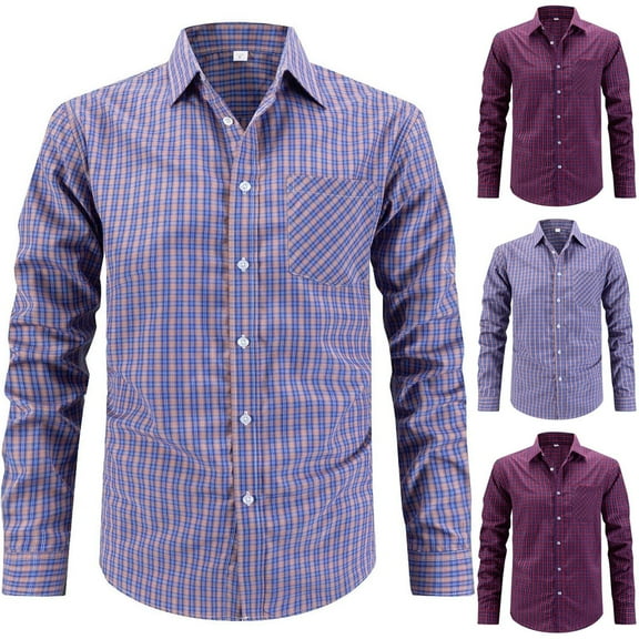 YFNNUP Men's Long Sleeve Button Down Shirt Slim Fit Plaid Shirts Business Casual Dress Shirts Blue XXL