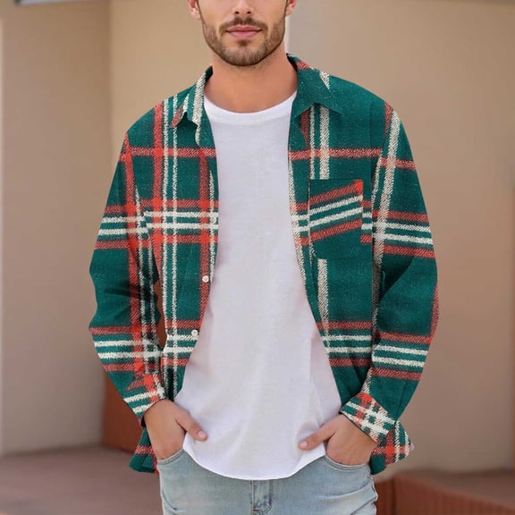 YFNNUP Men's Plaid Tshirt Casual Button Down Shirt Long Sleeve Plaid Shirts Loose Fit Lapel Work T-Shirt Green M