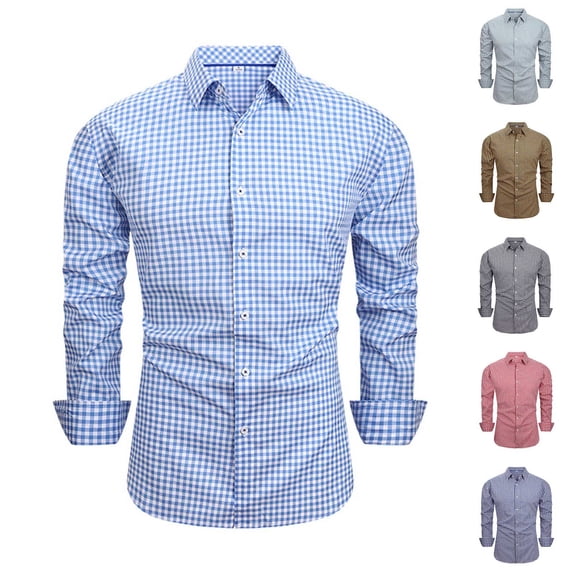 YFNNUP Men's Plaid Tshirt Casual Long Sleeve Button Down Dress Shirts Slim Fit Wrinkle-Free Business Office Blouses Fall Trendy Tops Yellow M