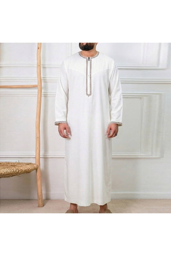 Men's Robe Muslim Clothes Kimono Loose Abaya Dresses Long Sleeve Embroidered Kaftan Casual Formal Dubai Thobe White,S