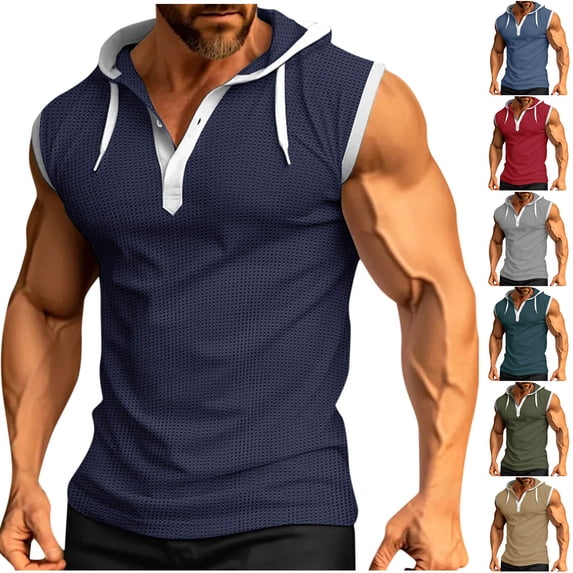 YFNNUP Men's Sleeveless Hoodie Casual Workout Gym Compression Tank Tops Summer Sleeveless Shirts Waffle Drawstring Hooded Sweatshirt Blue