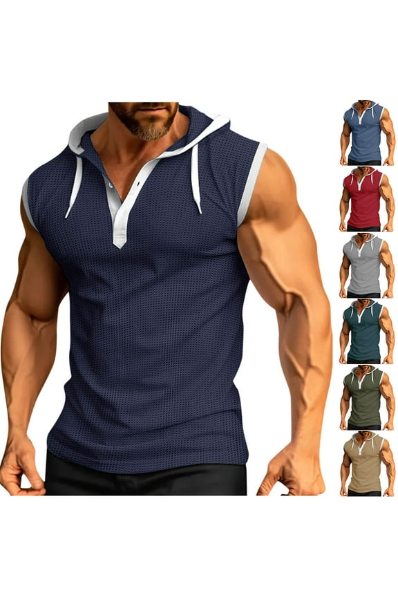 Men's Sleeveless Hoodie Casual Workout Gym Compression Tank Tops Summer Sleeveless Shirts Waffle Drawstring Hooded Sweatshirt Blue
