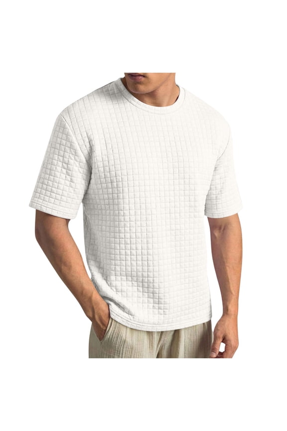 Men's Summer Casual Shirts Short Sleeve Textured T-shirts Loose Fit Solid Color Crewneck Tees Trendy Work Tops
