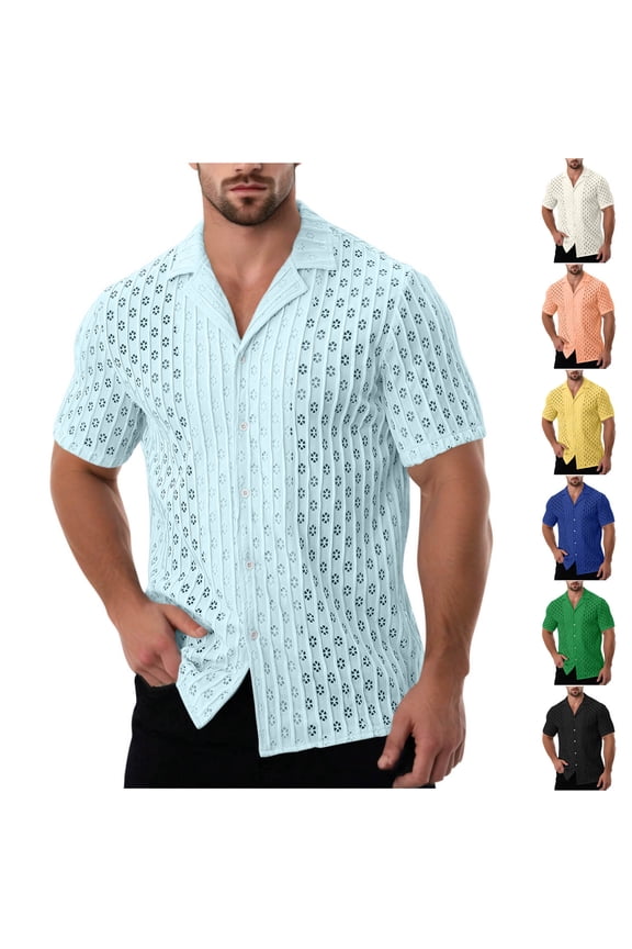 Men's Summer Shirts Button Down Short Sleeve Shirts Knit Crochet Hollowed-Out Hawaiian Vacation Shirts Father Day Gifts for Dad Yellow