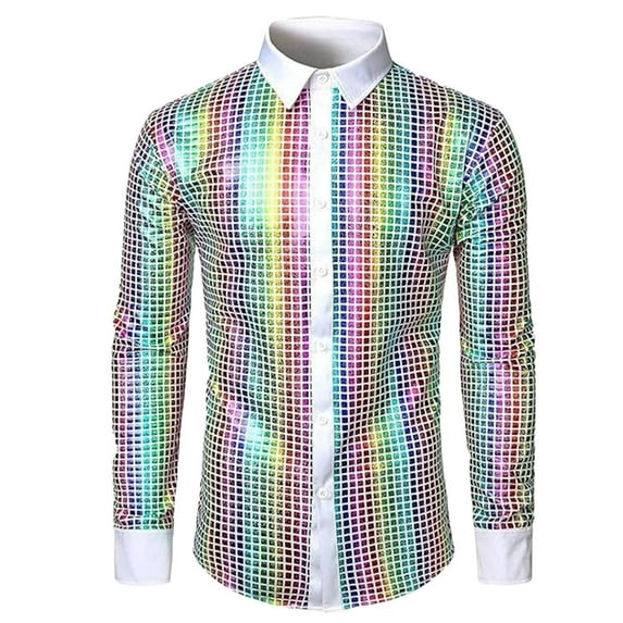 YFNNUP Mens 70s Shiny Shirts Vintage Lapel Stripe Shirt Casual Button Down Long Sleeve Shirt Color Block Prom Party Costume