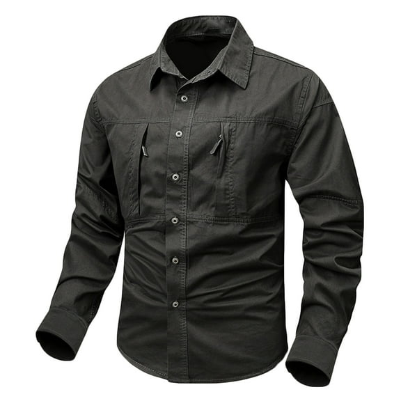 YFNNUP Mens Big and Tall Cargo Long Sleeve Shirts Casual Button Down Multi Pockets T Shirts Outdoor Loose Tee Shirts