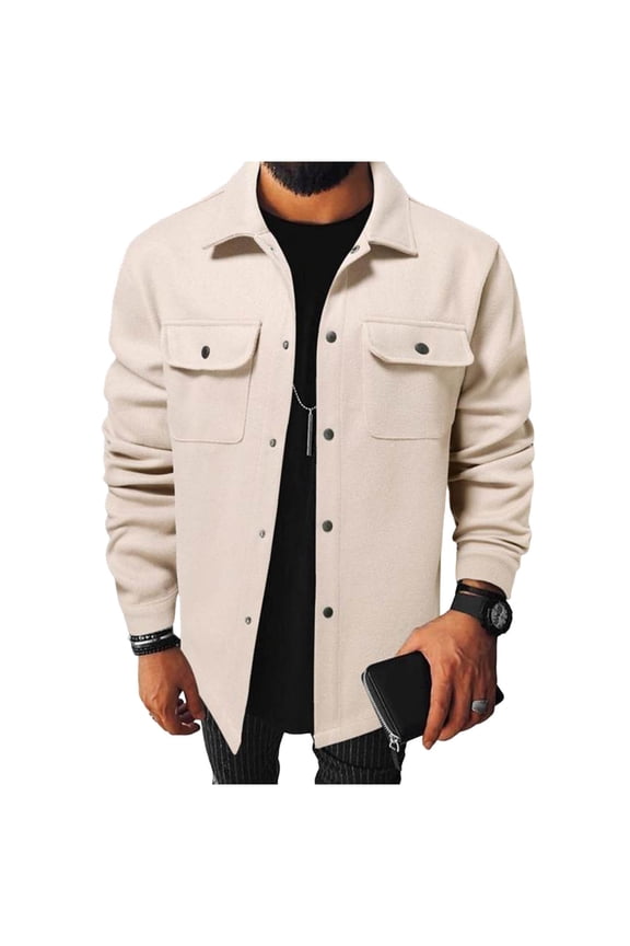 Mens Button Down Shirt Jacket Fall Casual Wool Blend Shacket Lightweight Work Coat Overshirt with Pocket Beige