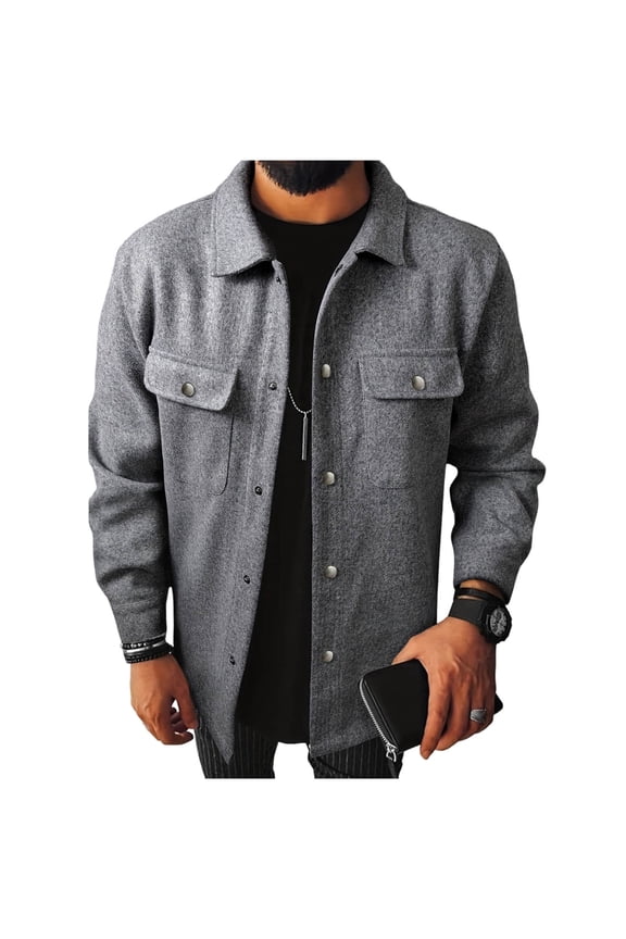 Mens Button Down Shirt Jacket Fall Casual Wool Blend Shacket Lightweight Work Coat Overshirt with Pocket Dark Gray