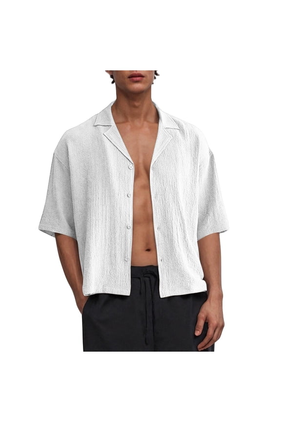 Mens Button Down Shirts Textured Casual T Shirt Plain Short Sleeve Hawaiian Shirt Turndown Collar Button Up Tops