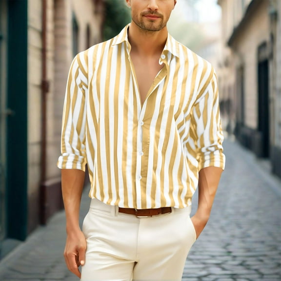 YFNNUP Mens Casual Business Striped Shirt Long Sleeve Button Down Dress Shirts Soft Cotton Line Work Tops