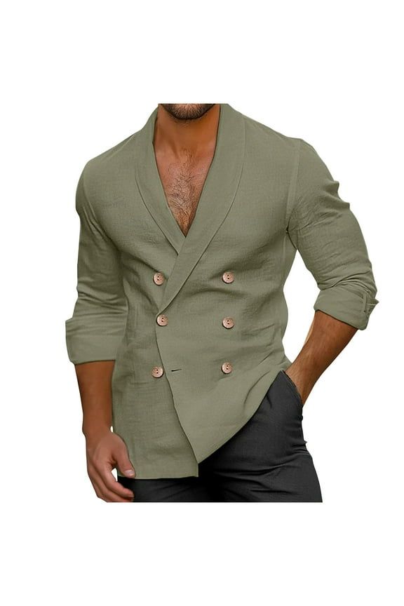 Mens Casual Double Breast Blazer Jackets Lightweight V Neck Linen Work Jackets Button Slim Fit Flormal Coats
