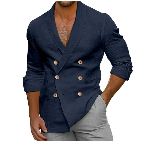 YFNNUP Mens Casual Double Breast Blazer Jackets Lightweight V Neck Linen Work Jackets Button Slim Fit Flormal Coats