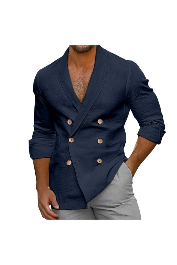Mens Casual Double Breast Blazer Jackets Lightweight V Neck Linen Work Jackets Button Slim Fit Flormal Coats