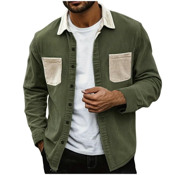YFNNUP Mens Corduroy Jacket Trendy Color Block Lapel Outwear Casual Button Down Long Sleeve Jackets with Pockets Army Green