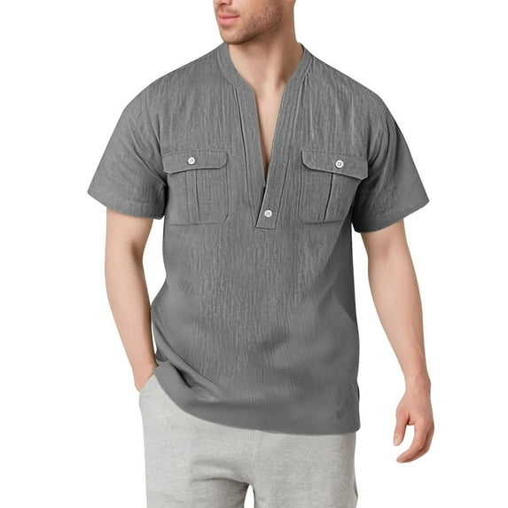 YFNNUP Mens Cotton Linen Henley Shirts Solid Color Double Pocket Cargo Shirt Moisture Wicking Short Sleeve V Neck Beach Tops