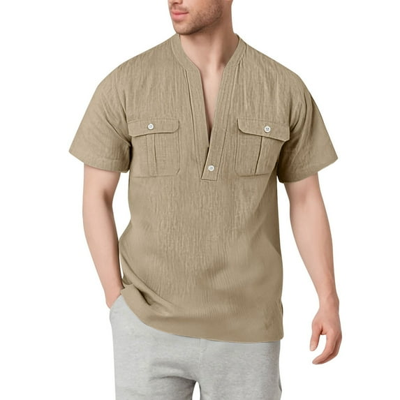 YFNNUP Mens Cotton Linen Henley Shirts Solid Color Double Pocket Cargo Shirt Moisture Wicking Short Sleeve V Neck Beach Tops
