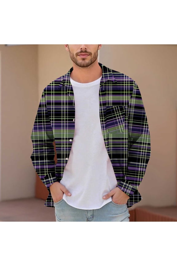 Mens Flannel Shirts Long Sleeve Plaid Shirt Jacket Casual Button Down Shirt with Pockets Purple L