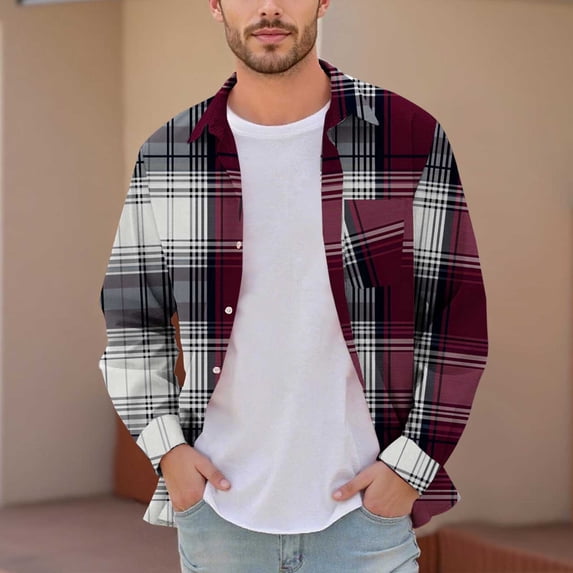 YFNNUP Mens Flannel Shirts Long Sleeve Plaid Shirt Jacket Casual Button Down Shirt with Pockets Wine S