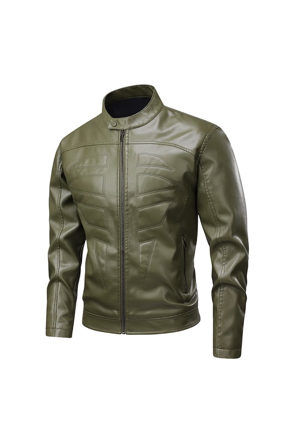 Mens Leather Jacket Faux Stand Collar Jacket for Men Motorcycle Zip-Up Slim Fit Biker Coat Green