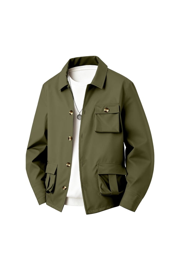 Mens Lightweight Jackets Button Down Casual Windbreaker Vintage Fall Cargo Jacket with Pockets Army Green