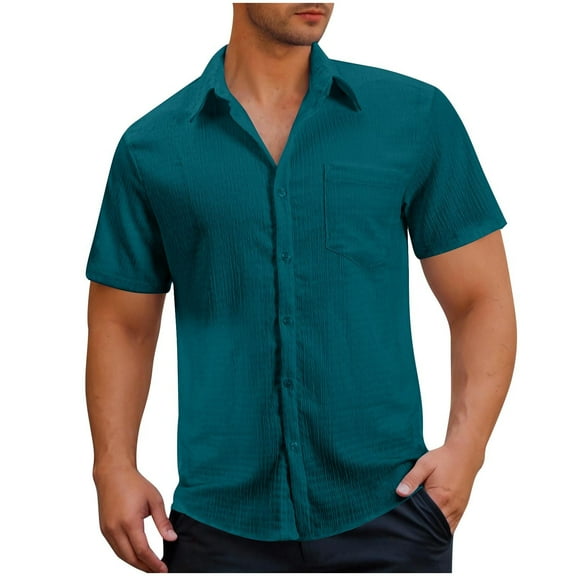 YFNNUP Mens Linen Shirts Button Down Short Sleeve Shirt Casual Summer Dress Shirt with Pocket Beach Mexican Hippie Wedding Tops