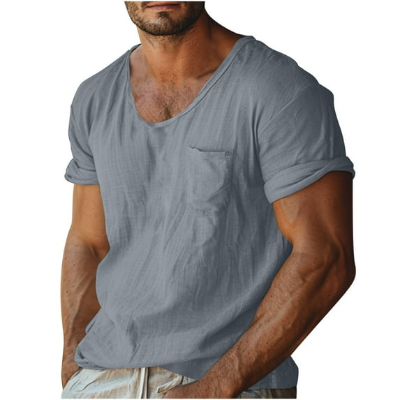 YFNNUP Mens Muscle Tees Cotton Linen Solid Color Basic T Shirts Loose Casual Short Sleeve V Neck Work Shirts with Pocket