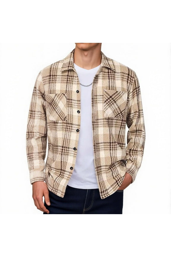 Mens Plaid Tshirt Big and Tall Casual Button Down T-Shirt Lightweight Plaid Long Sleeve Shirts Fall Regular Fit Work Tee Shirt Khaki XXXXL