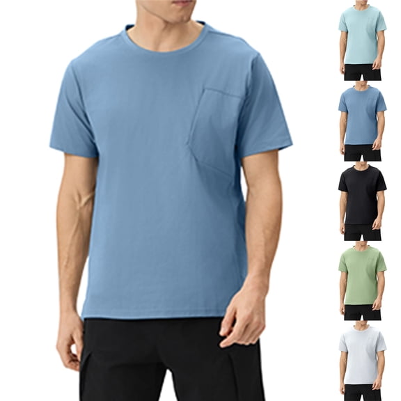 YFNNUP Mens Short Sleeves Shirt Solid Color Regular Fit Basic Top Lightweight Breathable Crew Neck T-Shirt Casual Breathable Athletic Tops Navy M