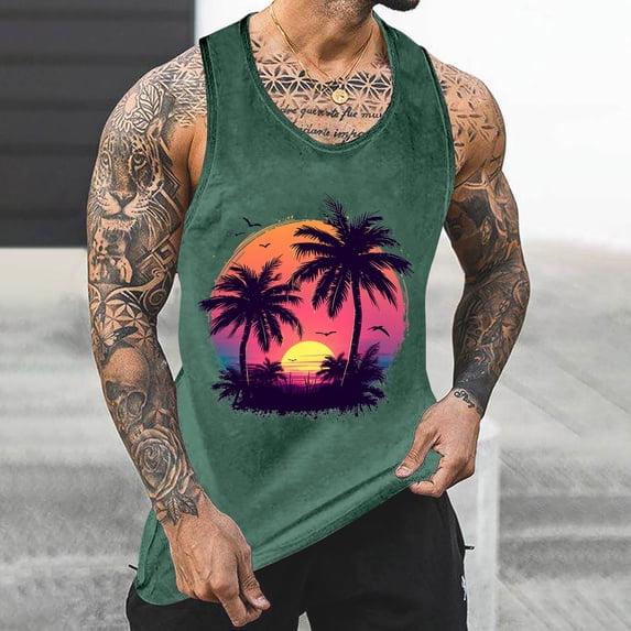 YFNNUP Mens Summer Beach Tank Top Hawaiian Palm Tree Print Sleeveless Basic Muscle Tee Vacation Tops