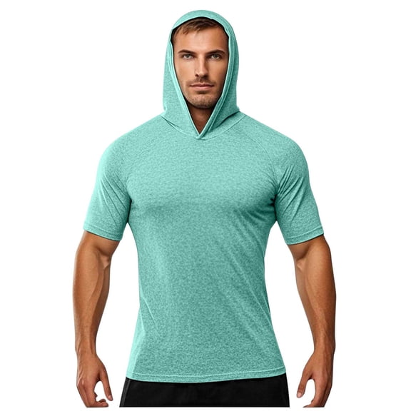 YFNNUP Mens Sun Protection Hooded Shirts Quick Dry Fitness Athletic Tees Short Sleeve Hoodie Outdoor Hiking Fishing Shirts for Men