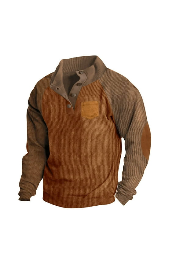 Mens Sweatshirt Corduroy Tactical Henley Shirts Long Sleeve Elbow Patch Draped Pullover Casual Stand Collar Slim Shirt