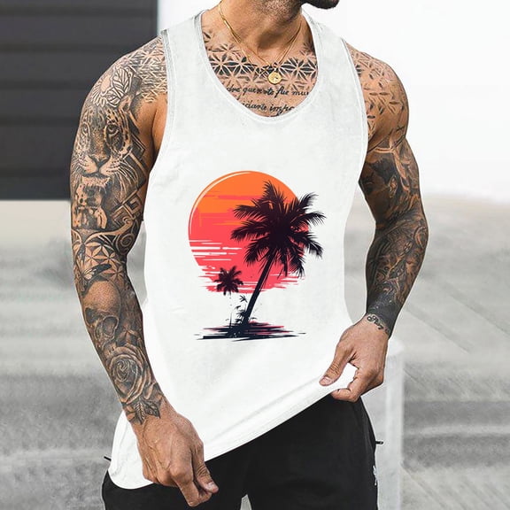 YFNNUP Mens Tank Top Summer Sleeveless Shirts Graphic Palm Tree Tank Shirts for Men Beach Vacation Muscle Gym Tank Tops Men Plus Size Tank Tops