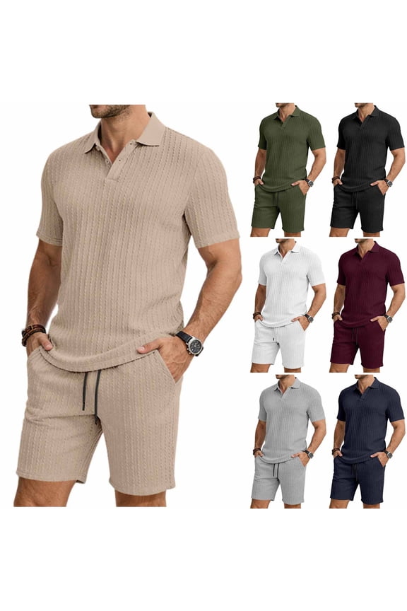Mens Textured Shirt Set Knit Polo Tops and Shorts Casual Lightweight Golf Shirts Summer Vacation Suits Wine XXL