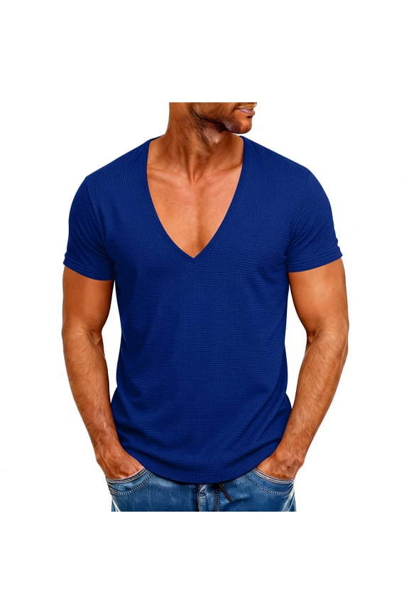 Mens Waffle T-Shirts Short Sleeve Deep V Neck Basic T Shirt Muscle Gym Tops Summer Workout Bodybuilding Shirts