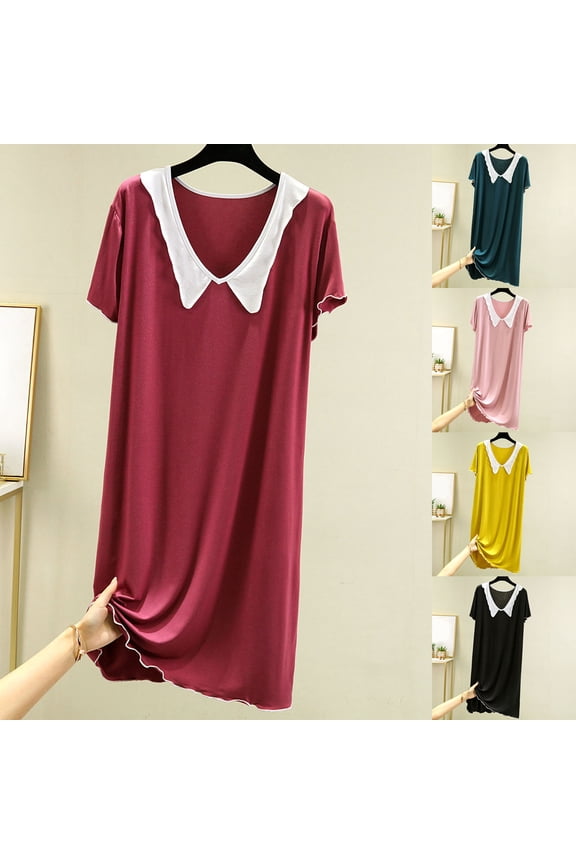 Nightgowns for Women Lightweight Lapel Sleepwear Color Block Short Sleeve Sleepshirt Soft Comfy Nightdress Green XXXL