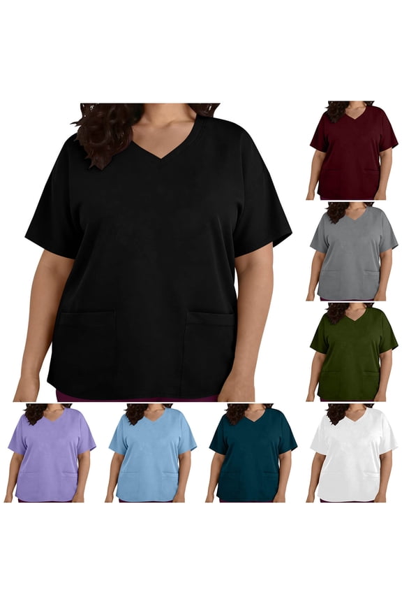 Nursing Scrubs Womens Plus Size Workwear Short Sleeve V Neck Stretch Uniforms Tops with Pockets