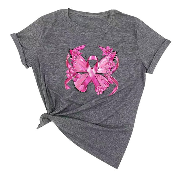 YFNNUP Pink Butterfly Ribbon Shirts for Women 3/4 Sleeve Breast Cancer Shirt Casual Crewneck Tee Shirts Slim Fit T-Shirts