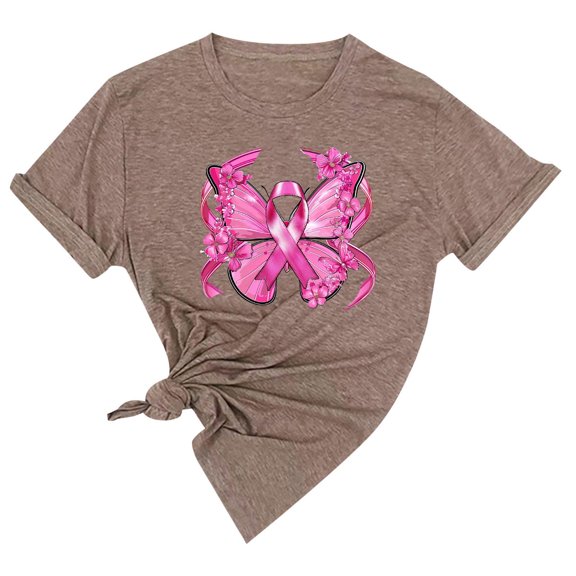 YFNNUP Pink Butterfly Ribbon Shirts for Women 3/4 Sleeve Breast Cancer Shirt Casual Crewneck Tee Shirts Slim Fit T-Shirts